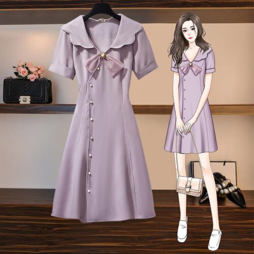 ชุดเดรสสีม่วง งานเกาหลี ทรงสุภาพ