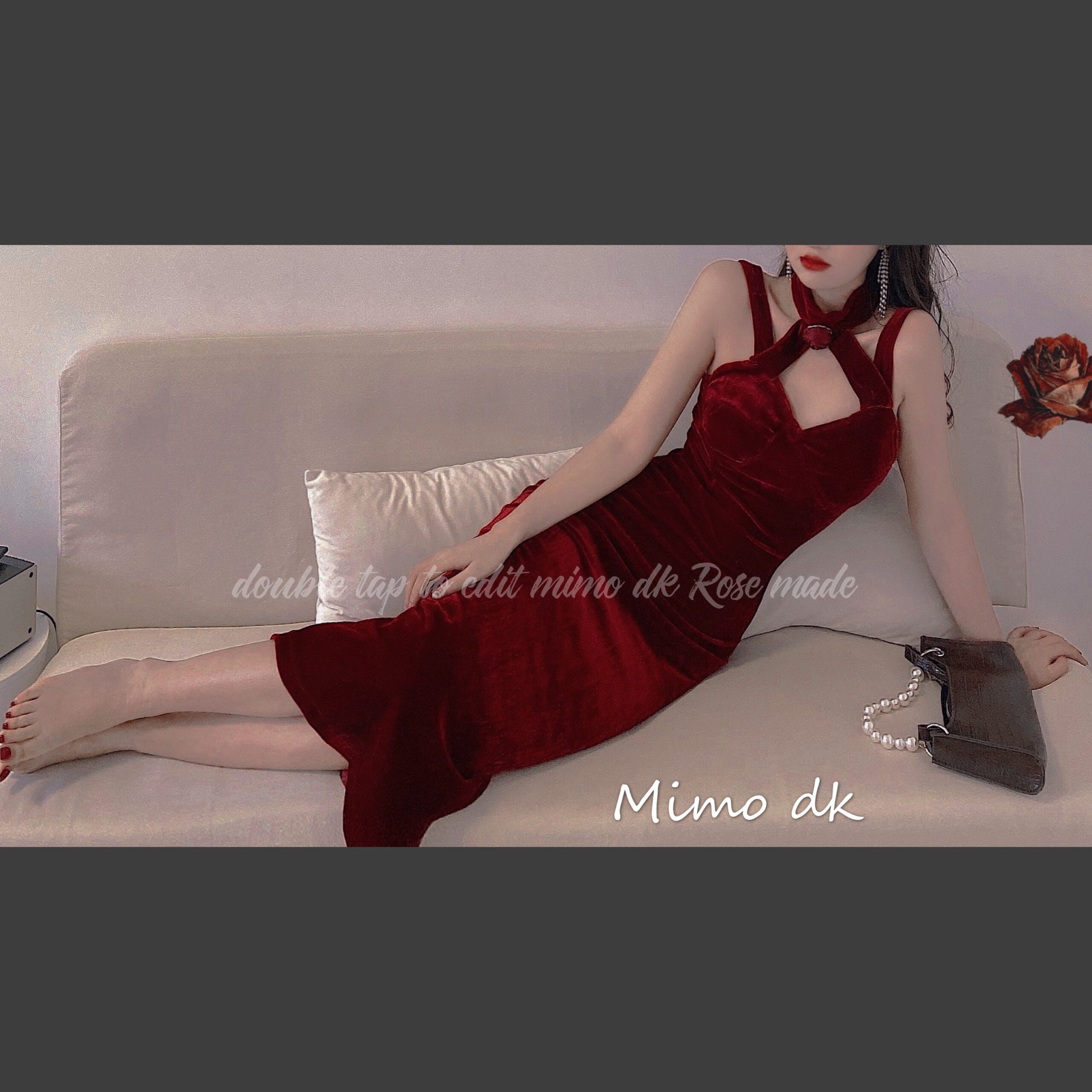 ชุดเดรสสีแดงเลือดหมู ผ้ากำมะหยี่แบบกระโปรงยาว - Image 4