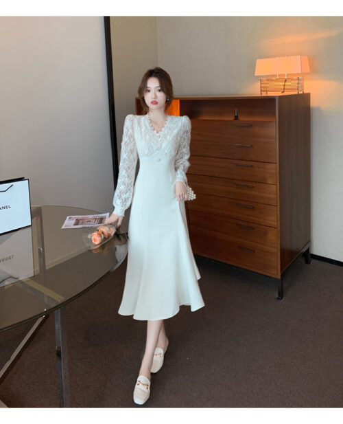 French V-neck Lace Dress Women's ชุดเดรสสีขาว