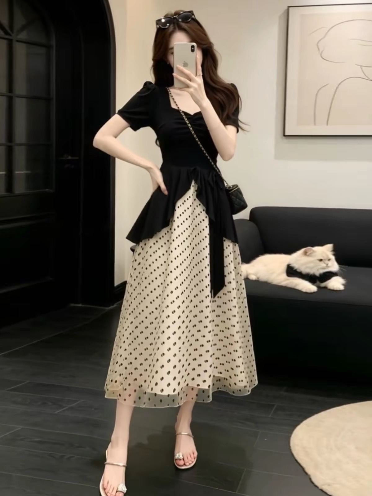 NOIR POLKA RIBBON DRESS